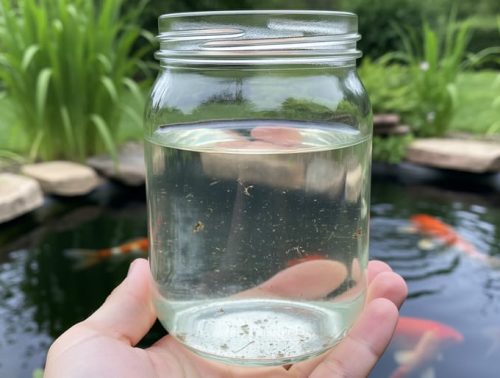 “Close-up of a jar holding pond water with visible suspended particles beside a koi pond with green aquatic plants in the background.”