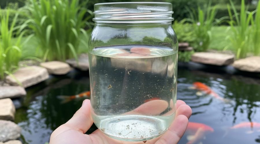 “Close-up of a jar holding pond water with visible suspended particles beside a koi pond with green aquatic plants in the background.”