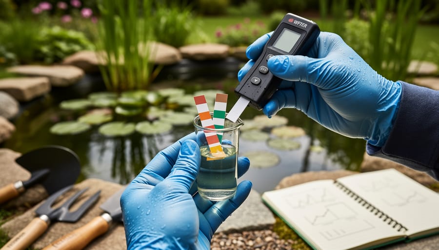 Gloved hands testing pond water with a test strip near an educational pond