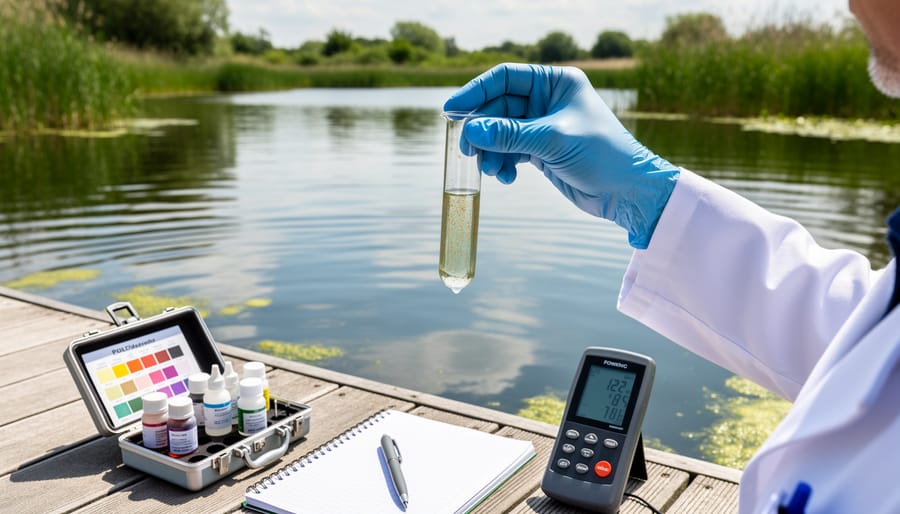 Person using a handheld test kit beside a pond to check water quality