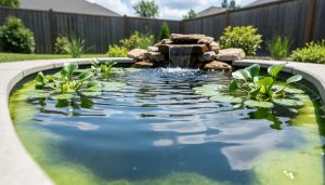 Clear backyard pond water with gentle ripples, green pond plants, and a small aeration fountain device, showing early algae near the pond edge.