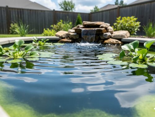 Clear backyard pond water with gentle ripples, green pond plants, and a small aeration fountain device, showing early algae near the pond edge.