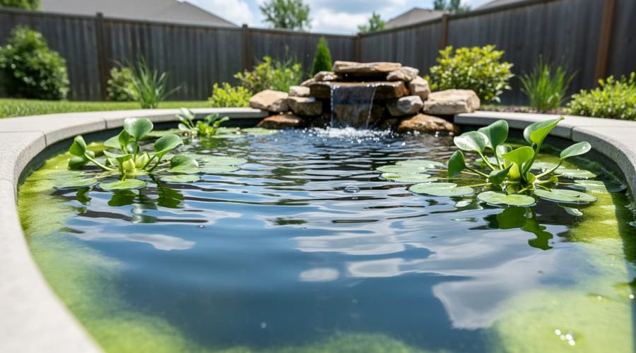 Clear backyard pond water with gentle ripples, green pond plants, and a small aeration fountain device, showing early algae near the pond edge.