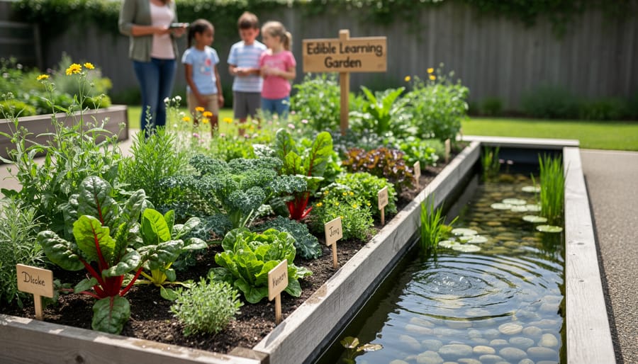 Raised garden bed with thriving leafy greens and herbs beside a pond, showing rich soil and moisture.