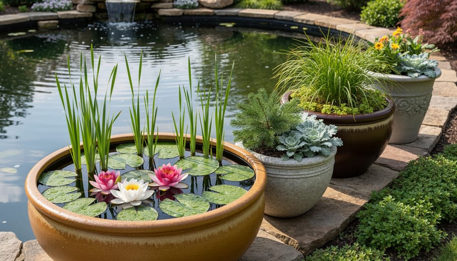 Water garden patio with several seasonal container planters next to a small pond with gentle reflections.