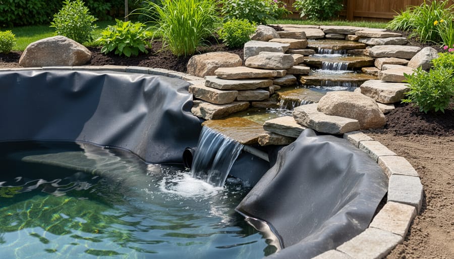 Rockwork concealing pond pipes and outlet areas in a sediment pond basin