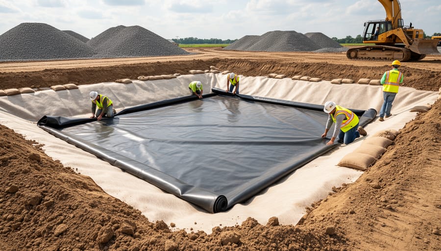 Flexible pond liner laid in an excavated sediment pond basin with underlayment beneath
