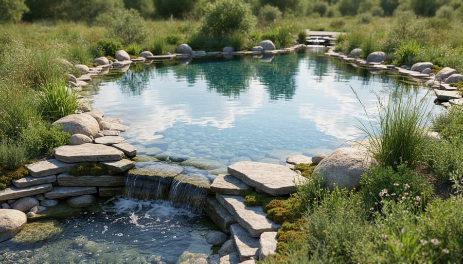 Finished sediment pond blended with rocks and plants, with clear water flowing toward the main pond area