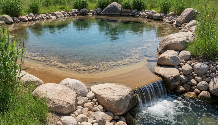 Clear water flowing over rocks with sediment settling in the sediment pond basin
