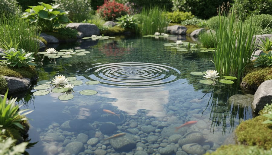 Serene garden pond with lily pads and koi fish in clear water
