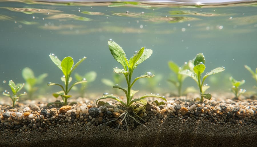 Close-up of marginal pond plants emerging from dark sediment in shallow edge water