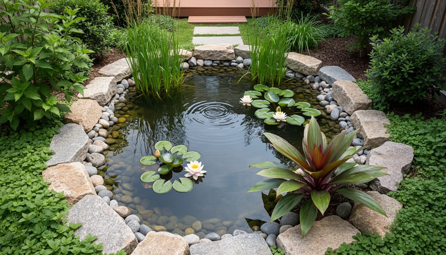 Naturalistic small backyard pond with plants along the edge and reflections in the water.