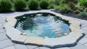 “Compact backyard small pond with stone edging, floating water plants, and soft water movement in a garden corner.”