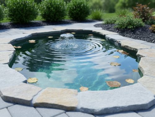 “Compact backyard small pond with stone edging, floating water plants, and soft water movement in a garden corner.”