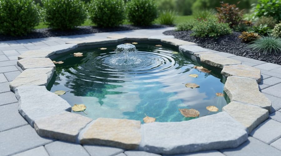 “Compact backyard small pond with stone edging, floating water plants, and soft water movement in a garden corner.”