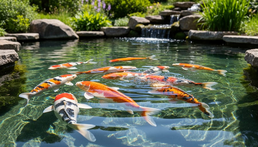 Clear koi pond water with visible koi fish and gentle ripples from a return line