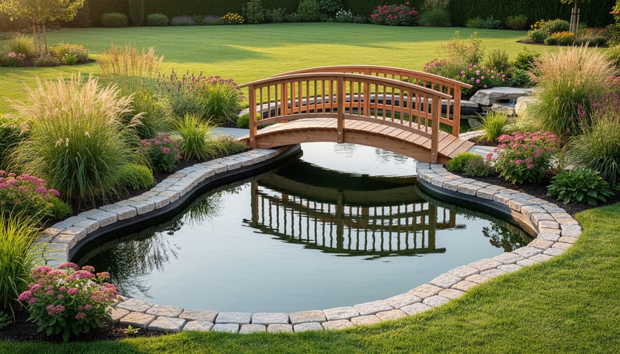 Stone bridge and clean hardscape edging over an elegant pond with surrounding garden plantings