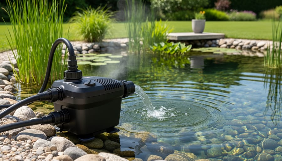 UV pond filter and pump equipment installed near a backyard pond with clear water and pond plants in the background.