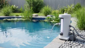 UV pond filter and pump system installed at the edge of a clear backyard pond with flowing water and green aquatic plants.
