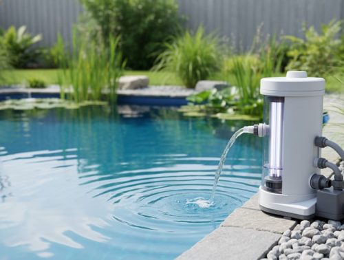 UV pond filter and pump system installed at the edge of a clear backyard pond with flowing water and green aquatic plants.