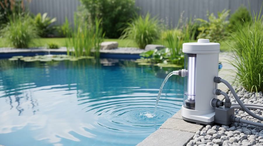 UV pond filter and pump system installed at the edge of a clear backyard pond with flowing water and green aquatic plants.