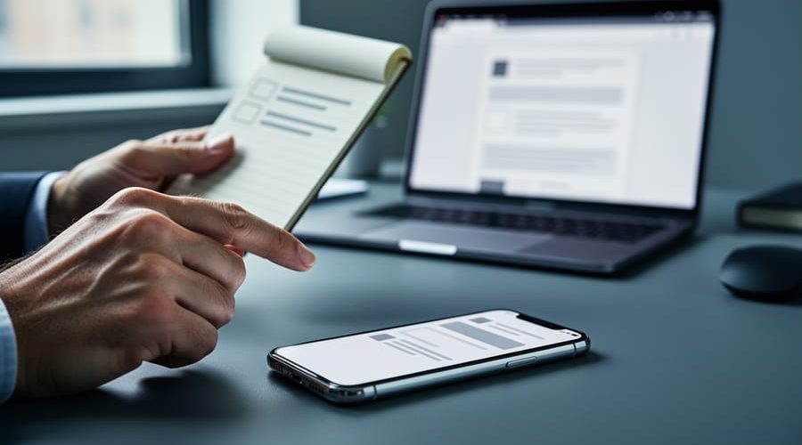 "Close-up of hands inspecting a smartphone link and checking a note on a desk, suggesting careful verification and budgeting before gambling."