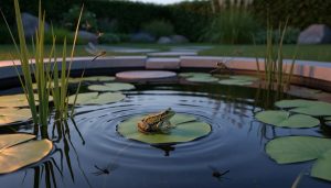 A backyard wildlife pond with native aquatic plants, a frog on a lily pad, and dragonflies near the water in warm twilight lighting.