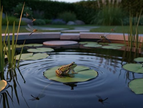 A backyard wildlife pond with native aquatic plants, a frog on a lily pad, and dragonflies near the water in warm twilight lighting.