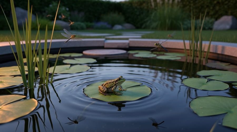 A backyard wildlife pond with native aquatic plants, a frog on a lily pad, and dragonflies near the water in warm twilight lighting.