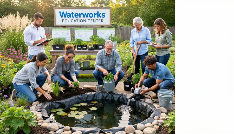 Instructor and attendees working on a water feature during a pond or water gardening workshop