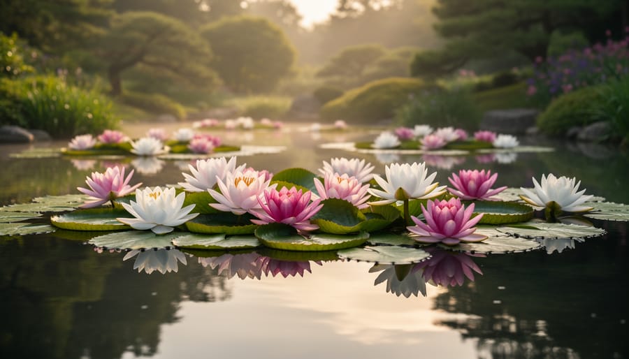 Water lilies blooming on the surface of an elegant pond with floating leaves