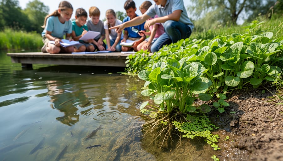 Close-up of watercress roots and stems growing in dark pond substrate near the waterline.