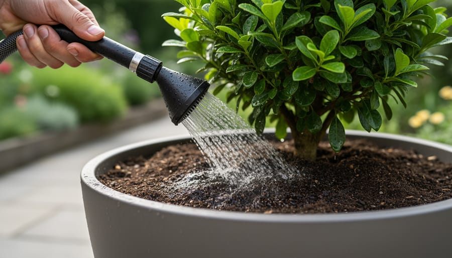 Watering wand positioned near the base of an aquatic plant in a pond to help deliver water into the substrate.