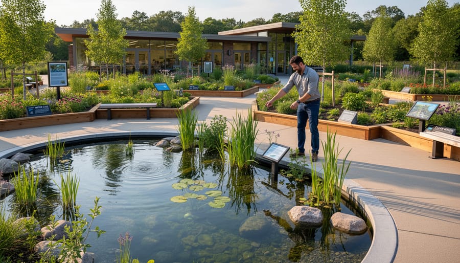 Visitor looking at a demonstration pond and water-related displays at the Waterworks Education Center