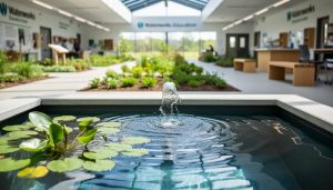 View of a working pond at a water education center with aquatic plants and a small bubbling filtration feature, captured at pond level with a softly blurred garden background.