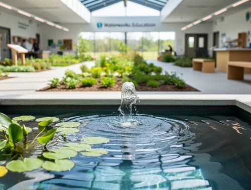 View of a working pond at a water education center with aquatic plants and a small bubbling filtration feature, captured at pond level with a softly blurred garden background.