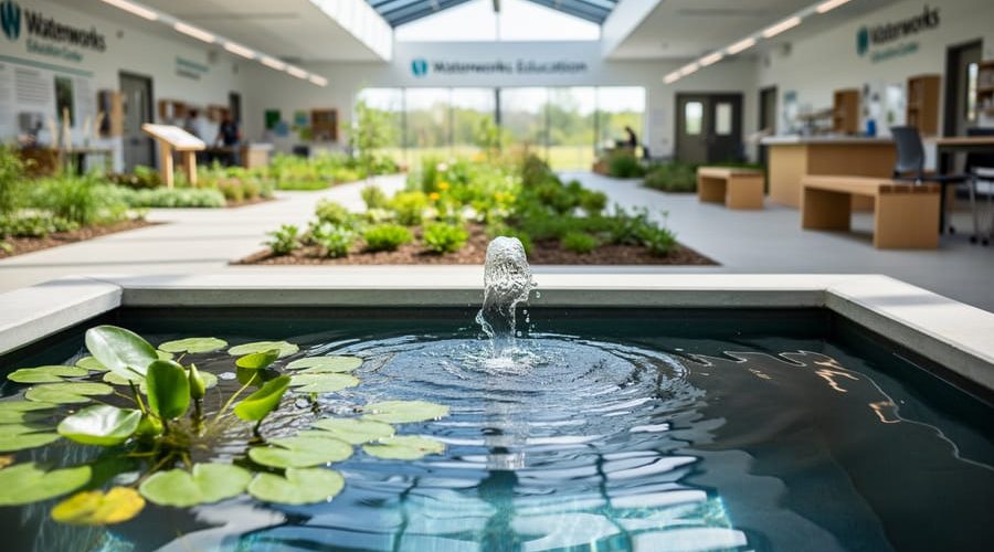 View of a working pond at a water education center with aquatic plants and a small bubbling filtration feature, captured at pond level with a softly blurred garden background.