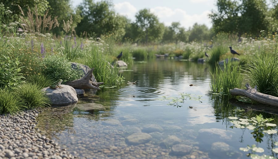 Wildlife-friendly small pond margin with shallow bog plants, wet gravel, and dragonflies in golden hour light.