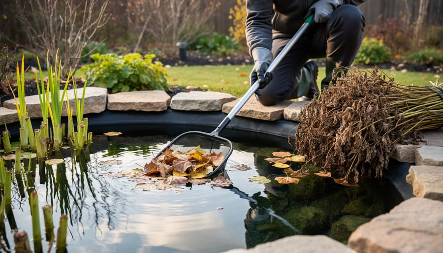 Gardener preparing a water garden for winter with a net, trimmed plant debris, and a thermometer near the pond edge