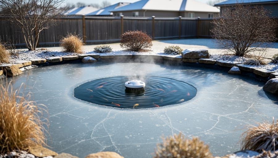 Backyard water garden pond in winter with partial ice cover and a de-icer maintaining an open hole
