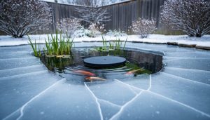 “Backyard pond in winter with partial ice cover and a floating de-icer keeping an open-water area for fish.”