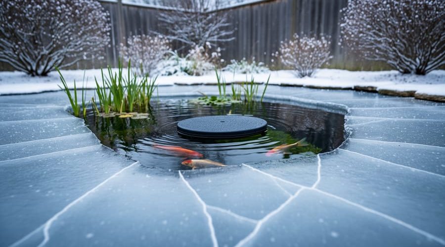“Backyard pond in winter with partial ice cover and a floating de-icer keeping an open-water area for fish.”