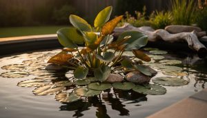 Golden hour view of an abstract-style pond with aquatic plants, rocks, and driftwood creating layered textures and rippling reflections.