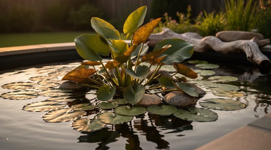 Golden hour view of an abstract-style pond with aquatic plants, rocks, and driftwood creating layered textures and rippling reflections.