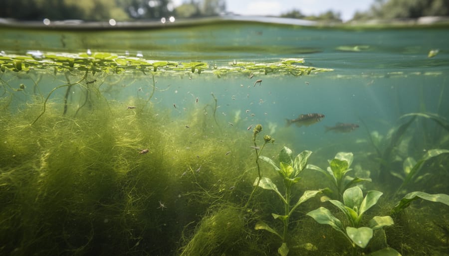 Macro view of green algae and aquatic plant leaves beside a jar of pond water
