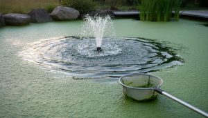 “Algae-covered koi pond water with a skimmer net and bubbling aeration indicating treatment for an algal bloom.”