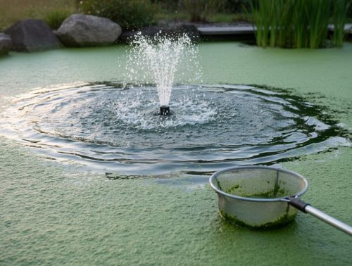 “Algae-covered koi pond water with a skimmer net and bubbling aeration indicating treatment for an algal bloom.”