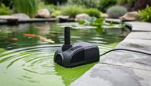 A backyard koi pond with green algae on the water surface and a nearby pump/oxygenator used to support clearer, healthier pond water.