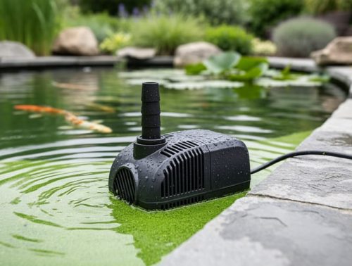 A backyard koi pond with green algae on the water surface and a nearby pump/oxygenator used to support clearer, healthier pond water.