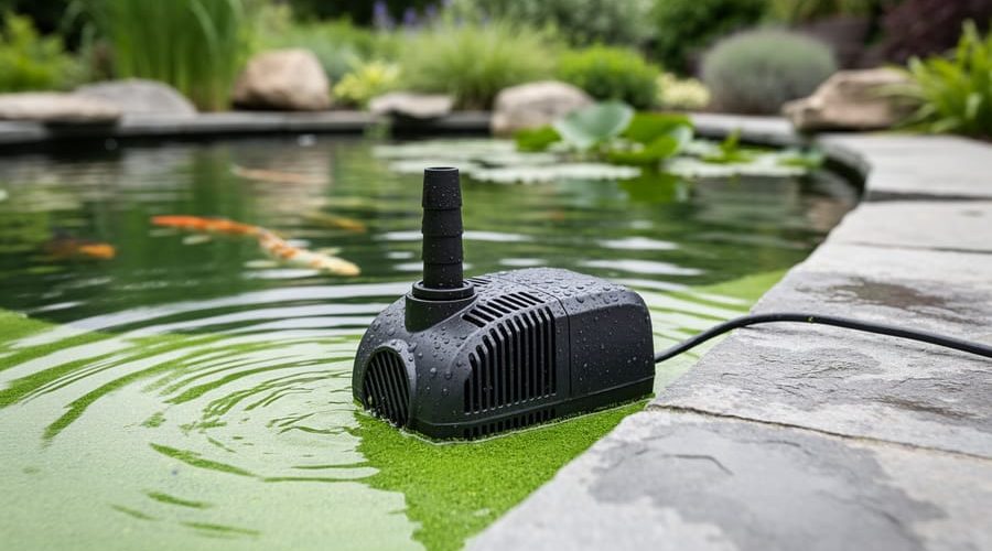 A backyard koi pond with green algae on the water surface and a nearby pump/oxygenator used to support clearer, healthier pond water.